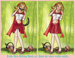 basket blonde_hair bodysuit bones breasts disguise erection female female_skinsuit gore guro high_heels little_red_riding_hood little_red_riding_hood_(copyright) male male_in_female_body pantyhose perfect_disguise skinsuit skirt smile tail