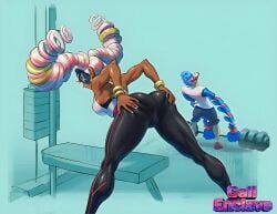 ai_generated arms_(game) ass black_leggings blue_background dark-skinned_female edited_official_artwork excercise female leggings masked_female multicolored_hair muscular_female nintendo nintendo_switch perfect_ass perfect_body perfect_legs red_eyelashes spring_man tan_skin twintelle video_game video_game_character white_clothes x_username