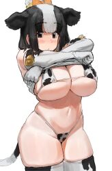black_eyes blush cleavage cow_girl cow_horns cow_print cow_print_bikini crossed_arms curvy cute huge_breasts looking_at_viewer shirt_lift thick_thighs thighhighs wide_hips