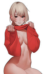 areolae black_eyes blonde_hair bottomless breasts brown_hair choker cowboy_shot female high_resolution long_sleeves medium_breasts navel nipples original parted_lips revolmxd shirt shirt_lift simple_background sleeves_past_wrists solo sweater undressing white_background