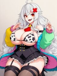 1girls absurd_res ahoge big_breasts bra breasts breasts_out clothed cow_print cow_print_bikini cow_print_bra erispheria exposed_breasts female female_focus female_only goddess hair_ornament hourglass_figure huge_breasts looking_at_viewer pleasure_face red_eyes suggestive_gesture suggestive_pose tagme thick_legs twitch voluptuous voluptuous_female vtuber vtuberfanart white_hair wide_hips x_hair_ornament youtube youtube_hispanic