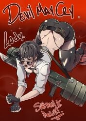 1girls ass ass_up big_ass black_hair capcom devil_may_cry female female_only gun lady_(devil_may_cry) satanik_artist short_hair solo sunglasses thong