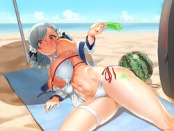 4:3 archway_of_venus ass_visible_through_thighs bangs bare_shoulders beach beach_towel beach_umbrella bikini black_ribbon blue_sky blush breasts center_opening clavicle cleavage cleavage_cutout cloud day dncks10 eyebrows_visible_through_hair eyepatch_bikini female food fruit girls'_frontline groin hair_ornament hair_ribbon high_resolution large_breasts looking_at_viewer lying midriff navel ocean on_side outdoors popsicle red_eyes ribbon sand shiny shiny_skin side-tie_bikini silver_hair skindentation sky smile solo spas-12_(girls'_frontline) spread_legs stomach sunlight swept_bangs swimsuit thigh_strap tied_hair towel twintails umbrella underboob water watermelon