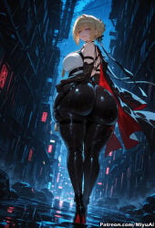 1girl ai_assisted ai_generated ass bangs black_footwear black_gloves blonde_hair bodysuit boots breasts building city cityscape curvaceous curvy curvy_female curvy_figure evelyn_chevalier female full_body gloves high_heels large_breasts looking_at_viewer looking_back miyuai night night_sky purple_eyes rain short_hair smile solo thick thick_ass thick_butt thick_hips thick_legs thick_thighs thigh_boots thighhighs umbrella voluptuous voluptuous_female weapon wet wide_hips wide_thighs zenless_zone_zero