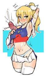 armpit_sex armpits blonde_hair blush breast_grab breasts ejaculation groping high_resolution huge_cock miniskirt one_arm_up penis ponytail ppapmang semen skin_tight skirt tied_hair wet