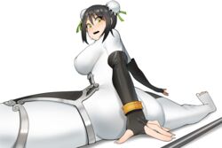 3:2 black_hair bodysuit breasts bun_cover double_bun fate/grand_order fate_(series) fully_clothed green_eyes latex ppapmang qin_liangyu_(fate) sideboob splits spread_legs sweat viewed_from_behind white_background