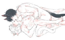 2boys anal anal_sex baka_roll balls bite_mark bite_marks black_hair blush cat_ears cat_tail catboy completely_nude dog_boy dog_ears dog_tail gay gintama gintoki_sakata head_back hijikata_toshiro implied_anal kemonomimi licking male male_only muscular muscular_male nude on_back pale-skinned_male pale_skin profile side_view tears tongue_out white_hair yaoi
