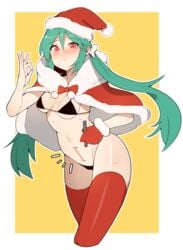 blush breasts cape christmas_outfit female female green_hair hat high_resolution holding_marker long_hair measuring_penetration_depth outline pose ppapmang red_eyes santa_costume santa_hat small_breasts solo string_bikini sweat thighhighs