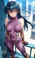 ai_generated asagi_igawa black_hair bodysuit igawa_asagi latex long_hair looking_at_viewer mature_female paid_reward_available patreon petite sebassart sexy solo spandex taimanin_(series) thick_thighs tight_clothing wide_hips