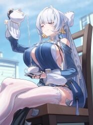 absurdres ascot blue_dress breasts chair closed_eyes closed_mouth clothing_cutout commentary crossed_legs cup dress hair_over_one_eye highres holding holding_cup large_breasts long_hair on_chair outdoors pointy_ears pouring saucer shoulder_cutout sitting sky smile solo teacup teapot thighhighs velina_airgid very_long_hair white_hair white_thighhighs yellow_ascot zenless_zone_zero