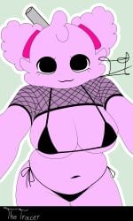 black_bikini dandy's_world dandys_world dandys_world_oc fishnets huge_breasts oc original original_character pigtails pink_body simple_background the_tracer_(artist)