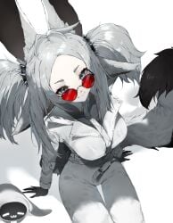 1girl animal_ears black_neckwear breasts dya_rikku_(vtuber) glasses gloves indie_virtual_youtuber long_hair looking_at_viewer necktie pants parted_bangs sitting smile solo sunglasses tail two_side_up vyugen