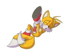 1boy anthro ass balls blush canine closed_eyes fox gloves knot lying lying_on_back male male_only masturbation miles_prower minum mobian_(species) open_mouth penis sega shoes solo sonic_(series) sonic_the_hedgehog_(series) tails_the_fox tongue