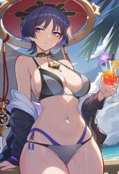 1girls ai_generated alternate_costume beach beach_background belly_button big_ass big_breasts big_butt big_thighs bikini blushing exposed_breasts exposed_midriff exposed_shoulders female female_focus female_only genderswap genshin_impact holding_object hoyoverse light-skinned_female looking_away lunealter mature_female midriff mihoyo more_at_source nsfw_version_available partially_clothed patreon purple_eyes purple_hair scaramouche_(genshin_impact) sfw short_hair standing sweat thick_ass thick_butt thick_hips thick_legs thick_thighs