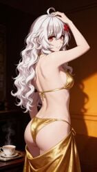 1girls absurd_res ahoge ai_generated ass_focus bikini breasts bubble_butt butt butt_focus clothed emotionless erispheria female female_focus female_only goddess gold_bikini hair_ornament hourglass_figure lingerie looking_at_viewer looking_back red_eyes small_breasts suggestive_gesture suggestive_pose tagme thick_legs twitch vtuber vtuberfanart white_hair wide_hips x_hair_ornament youtube youtube_hispanic