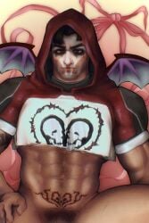 1boy abs crop_top gabriel_reyes male male_only milkbloc muscular muscular_male overwatch pubic_hair reaper solo solo_focus solo_male tattoo womb_tattoo