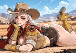 1girl ai_assisted ai_generated artist_name ass boots breasts brown_gloves chin_rest cloud cowboy_boots cowboy_hat curvaceous curvy curvy_female curvy_figure day earrings female freckles gloves gold green_eyes hand_on_own_cheek hat high_heel_boots high_heels jewelry large_breasts legs_up lips long_hair looking_at_viewer lying marvel marvel_rivals miyuai on_stomach parted_lips rogue_(marvel_rivals) short_shorts shorts sky smile solo the_pose thick thick_ass thick_butt thick_hips thick_legs thick_thighs thighs voluptuous voluptuous_female watermark wide_hips wide_thighs