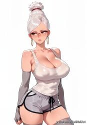 1girl 2026 ai_generated anime ayase_seiko bare_shoulders boobs breasts brown_eyes cleavage collarbone covered_nipples cowboy_shot crossover dandadan dolphin_shorts earrings elbow_gloves female female_focus fingerless_gloves glasses gloves grey_gloves grey_shorts grey_thighhighs hair_bun handwear highres hoop_earrings huge_breasts jewelry large_breasts lips nsfw patreon rognezart shiny_skin short_hair short_shorts shorts simple_background single_hair_bun solo sweat sweaty tank_top thick_thighs thighhighs thighs white_background white_hair white_tank_top