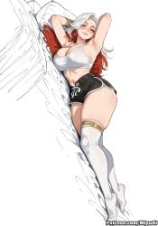 1girl ai_assisted ai_generated armpits arms_behind_head artist_name bed_sheet black_shorts breasts cleavage curvaceous curvy curvy_female curvy_figure female full_body large_breasts long_hair looking_at_viewer lying marvel marvel_rivals miyuai mole multicolored_hair navel on_bed on_side pillow rogue_(marvel_rivals) short_shorts shorts solo thick thick_ass thick_butt thick_hips thick_legs thick_thighs thighhighs thighs voluptuous voluptuous_female white_legwear wide_hips wide_thighs