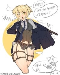 blonde_hair female girls'_frontline green_eyes high_resolution holster korean_text outline ppapmang solo speech_bubble text thigh_holster welrod_mkii_(girls'_frontline)