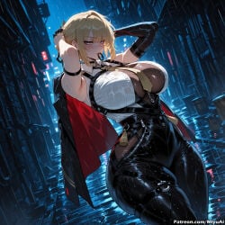 1girl ai_assisted ai_generated armpits arms_up bangs black_gloves blonde_hair blush breasts city cityscape cleavage curvaceous curvy curvy_female curvy_figure evelyn_chevalier female gloves miyuai mouth_hold necktie night rain shirt short_hair sleeveless solo thick thick_ass thick_butt thick_hips thick_legs thick_thighs voluptuous voluptuous_female wet white_shirt wide_hips wide_thighs zenless_zone_zero