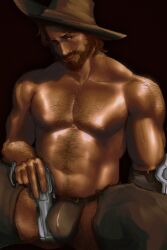 1boy beard bulge bulge_through_clothing bulge_through_underwear bulge_under_clothes chaps chaps_only cole_cassidy cowboy cowboy_hat gun hairy hairy_body hairy_chest hairy_male happy_trail male male_focus male_only milkbloc overwatch pistol revolver solo solo_focus
