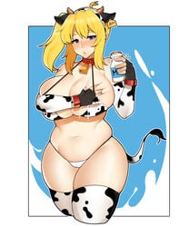 animal_tail bell bell_collar bikini blonde_hair blue_eyes breast_grab breasts cameltoe collar cow_girl cow_print female fingerless_gloves gloves groping horns huge_breasts lactation milking plump ppapmang solo swimsuit thighhighs