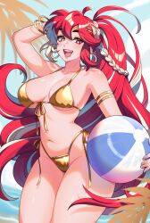 1girl armlet ball beach beachball bikini bracelet breasts day earrings holding_ball jewelry large_breasts long_hair looking_at_viewer navel open_mouth red_(strippin) red_eyes red_hair side-tie_bikini smile solo swimsuit very_long_hair yellow_bikini