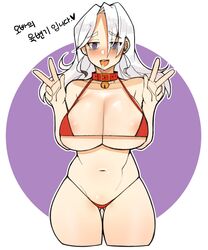 areola_slip areolae bell bell_collar bikini breasts collar cowgirl_position female female heart heart-shaped_pupils huge_breasts micro_bikini ppapmang red_bikini solo straddling swimsuit symbol-shaped_pupils thick_thighs thighs tongue tongue_out v white_background