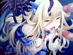 1boy 1girl 2boys bare_shoulders blonde_hair blue_gloves blue_thighhighs blush boots bound breasts breasts_out breasts_squeezed_together brown_eyes cable censored cum cum_in_mouth cum_on_body cum_on_breasts ejaculation elbow_gloves facial fingerless_gloves from_above game_asset gem gloves grabbed_by_tentacles grabbing_another's_breast groping hair_between_eyes hair_ornament half-closed_eyes hetero kneeling large_breasts linaria_fairhyde long_hair magical_girl mahou_shoujo_lucifer_ouka mosaic_censoring multiple_boys nipples nobushito non-web_source nose_blush official_art open_mouth penis projectile_cum puffy_nipples raised_eyebrows rape self-datamine solo_focus sweat tears tentacles thigh_boots thighhighs tongue variant_set very_long_hair visual_novel_cg yellow_eyes