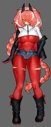 black_jacket bodysuit breasts denim denim_shorts full_body grey_background hair_over_one_eye high_resolution huge_breasts jacket open_fly pink_hair ppapmang red_bodysuit shorts skin_tight standing unzipped