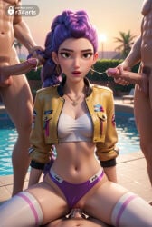 1girls 3boys abs ai_generated braid breasts brown_eyes cleavage clothed_female_nude_male clothed_sex clothing_aside collarbone cowgirl_position cropped_jacket cum cum_in_pussy dark_skin earrings ejaculation english_text erection female_human gangbang girl_on_top grabbing_another's_hair group_sex hair_pulled_back hetero hi_res hoop_earrings interracial jacket jewelry kpop_demon_hunters lips long_hair looking_at_viewer makeup male_pubic_hair medium_breasts multiple_boys navel necklace netflix nude open_clothes open_jacket outdoors panties parted_lips penis pool poolside pov pubic_hair purple_hair pussy r34arts rumi_(kpop_demon_hunters) sex solo_focus sony_pictures_animation spread_legs straddling testicles thighhighs uncensored underwear vaginal veins water white_thighhighs