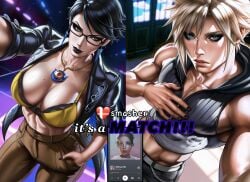 1boy 1boy1girl 1girls ai_generated bayonetta bayonetta_(character) before_sex black_hair black_lipstick blonde_hair blue_eyes boyfriend-girlfriend breasts clothing cloud_strife club crop_top crossover dating dating_app dj earrings english english_text final_fantasy final_fantasy_vii final_fantasy_vii_advent_children glasses grey_eyes heart hetero leather_jacket lipstick looking_at_viewer modern_au mole muscular muscular_male nervous nintendo partially_clothed phone selfie short_hair smash_ball split_screen spotify straight suggestive suggestive_look suggestive_pose super_smash_bros. super_smash_bros._ultimate text