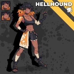 abs aniwars bandages bandages_on_arms bandages_on_legs black_nails chocker cleavage dark-skinned_female exposed_midriff hellhound_(aniwars) hi_res ponaners scars sharp sharp_teeth shorts tattoo tomboy two-tone_hair