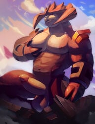 1boy 2019 abs anthro anthrofied biceps cervine cloud detailed_background erection eye_contact front_view half-closed_eyes hand_on_chest hooves horn horns legendary_pokémon looking_at_viewer male male_only moobs mountain muscular muscular_male nintendo nipples original_character outside pecs penis pokémon_(species) pokemon pokemon_bw pokemorph sketch sky sleepymute smile solo standing step_pose terrakion testicles thick_thighs video_games yellow_eyes