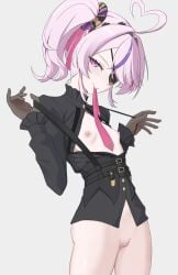 1girls ahoge bare_breasts bare_pussy bare_thighs bare_vagina black_outfit bottomless breasts breasts_out censor_bar censored censored_pussy covered_eye deathscythe_(artist) ds_(urugawa314) exposed_breasts exposed_pussy exposed_vagina eye_covered eye_patch eyepatch fishnet_gloves hair_accessory hair_ribbon heart_ahoge hi_res highres light_blush looking_at_viewer maria_marionette nijisanji nijisanji_en no_bra no_panties no_pants no_skirt one_eye_covered one_eye_obstructed open_clothes pink_hair purple_eyes purple_hair pussy side_ponytail small_breasts solo solo_female solo_focus thighs three-tone_hair vagina violet_hair virtual_youtuber