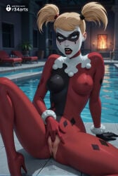 1girls ai_generated arm_support artist_name batman:_arkham_knight batman_(series) blonde_hair blue_eyes bodysuit breasts clothed_masturbation covered_nipples dc dc_comics domino_mask female_human female_masturbation fingering fire gloves harley_quinn harley_quinn_(classic) hi_res high_heels injustice_2 looking_at_viewer makeup mask masturbation medium_breasts nipples open_mouth patreon_username pool poolside pussy pussy_juice r34arts red_bodysuit short_twintails sitting skin_tight solo spread_legs tongue tongue_out twintails uncensored