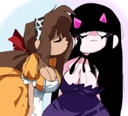2girls animal_print apron bare_shoulders black_hair blunt_bangs breasts brown_hair cleavage closed_eyes closed_mouth clothing colored colored_skin coolerinker cow_horns cow_print dark-skinned_female dark_skin disgusted dress eyeshadow fake_horns female hairbow hime_cut horns imminent_kiss inker_comics inkershike jaggy_lines kissing large_breasts leaning_forward long_hair makeup meme meme_reference mona_(inker_comics) monica_(inker_comics) multiple_females multiple_girls no_pupils orange_dress pink_horns ponytail puckered_lips puffy_short_sleeves puffy_sleeves purple_dress purple_eyeshadow red_ribbon reference ribbon short_sleeves sidelocks sketch third-party_edit very_long_hair waist_apron white_eyes yellow_horns
