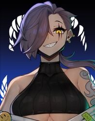 abstract_background bare_shoulders breasts grin hair_over_one_eye high_resolution portrait ppapmang sharp_teeth smile underboob very_high_resolution yellow_eyes