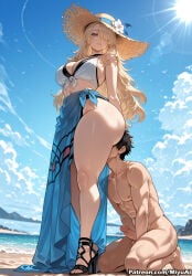 1boy 1girl abs ai_assisted ai_generated arms_behind_back bangs beach bikini blonde_hair blue_eyes blue_sky blush breasts cleavage cloud curvaceous curvy curvy_female curvy_figure cynthia_(pokemon) day erection female flower front-tie_bikini front-tie_top hair_over_one_eye hat hat_flower hetero high_heels large_breasts long_hair miyuai muscle ocean one_eye_closed outdoors penis pokemon sand sandals sarong sky smile standing straw_hat sun_hat swimsuit thick thick_ass thick_butt thick_hips thick_legs thick_thighs thighs toes voluptuous voluptuous_female white_bikini wide_hips wide_thighs