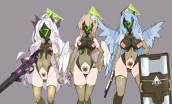 3girls ahoge ainagi alternate_costume alternate_halo angel_wings assault_rifle bar_censor bare_shoulders blue_archive blue_hair blue_wings braid breasts brown_hair censored commentary_request corruption covered_navel demon_girl demon_horns demon_wings elbow_gloves feathered_wings flower gas_mask gloves green_gloves green_halo grey_background groin gun hair_flower hair_ornament halo handgun hat highleg hina_(blue_archive) holding holding_gun holding_weapon horns kaiser_pmc_(blue_archive) large_breasts latex leotard lever_action long_hair low_wings machine_gun mask mg42 mind_control mine_(blue_archive) multiple_girls multiple_horns nagisa_(blue_archive) navel nipple_cutout nipples nurse_cap object_insertion octopus_tattoo parted_bangs pubic_tattoo pussy rifle shield shotgun simple_background small_breasts tattoo thighhighs triangle_halo vaginal vaginal_object_insertion variant_set very_long_hair walther_ppk weapon white_hair winchester_model_1887 wings