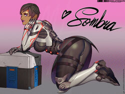 1girls 4:3 alternative_costume ass bent_over blizzard_entertainment bodysuit female gradient gradient_background kneeling lootbox mila_the_mute overwatch overwatch_2 overwatch_archives skin_tight solo sombra talon_sombra