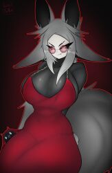 1girl animal_ears breasts cleavage dress dya_rikku_(vtuber) glasses grey_hair huge_breasts indie_virtual_youtuber long_hair looking_at_viewer smile solo tail thighs vyugen
