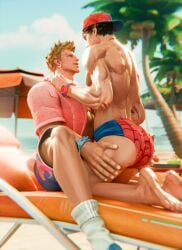 ass bara beach big_ass blonde_hair butt eross_3d fantastic_four gay human_torch human_torch_(marvel_rivals) johnny_storm male male_only marvel marvel_rivals muscular muscular_male speedo spider-man spider-man_(marvel_rivals) summer