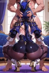 1girl ai_generated arzagod ass_focus big_breasts big_penis black_hair blowjob blue_hair blush clorinde_(genshin_impact) dark_blue_hair fellatio garter_belt garter_straps genshin_impact hat head_grab large_breasts long_hair makeup oral oral_sex pantyhose perfect_legs ponytail purple_eyes purple_hair tagme thick_thighs tricorne uniform veiny_penis