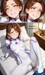 ai_generated blush bodily_fluids bodysuit erect_nipples fit green_eyes laying_down laying_on_bed looking_at_viewer mature_female orgasm original_character paid_reward_available patreon petite sebassart sexy solo sweat thin_waist tight_clothing wet