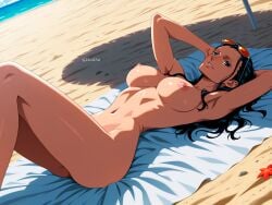 ai_generated beach elen1art naked naked_female nico_robin nipples nude nude_female one_piece pussy relaxing sunbathing water