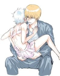 1boy 1girls baka_roll blonde_hair bra canon_genderswap carrying_partner female gakuran genderswap_(mtf) ginko_sakata gintama gintoki_sakata kintoki_sakata male pink_bra rule_63 school_uniform short_hair sideboob sitting sitting_on_lap sitting_on_person skirt small_breasts white_hair