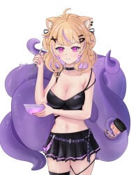 1girl ahoge animal_ear_fluff animal_ears bare_arms bare_shoulders black_choker black_legwear black_skirt blonde_hair blue_nails breasts camisole choker cleavage collarbone cowboy_shot crop_top garter_straps hair_ornament hairclip holding indie_virtual_youtuber large_breasts long_hair looking_at_viewer midriff miniskirt mole_on_breast multicolored_hair nail_polish navel pleated_skirt purple_eyes purple_nails skirt sleeveless solo spaghetti_strap squchan_(vtuber) streaked_hair striped tail thigh_strap thighhighs vyugen white_background x_hair_ornament