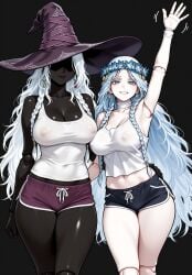 2girls ai_generated covered_nipples dolphin_shorts elden_ring elden_ring_nightreign large_breasts mayihavesomeslops recluse_(nightreign) revenant_(nightreign) smile tank_top thick_thighs waving